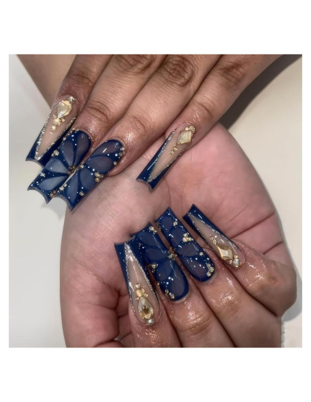 Uñas Postizas Cuadradas RTKHFZE 24pcs Azul Oscuro con Diseño Uñas Postizas Cuadradas RTKHFZE 24pcs Azul Oscuro con Diseño