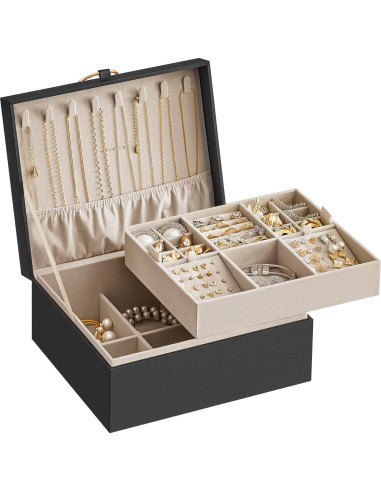 Caja de Joyería SONGMICS Negra 2 Capas con Asa Extraíble 20.5x24x11 cm