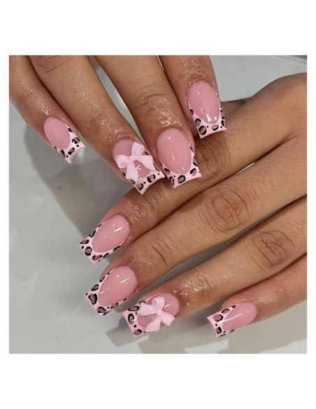 Uñas Postizas Medianas Cuadradas FOLONRAL 24Pcs Diseño Lazo 3D Uñas Postizas Medianas Cuadradas FOLONRAL 24Pcs Diseño Lazo 3D