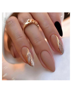 24 Uñas Postizas Almendra AROVFAM Brillo Marrón y Dorado