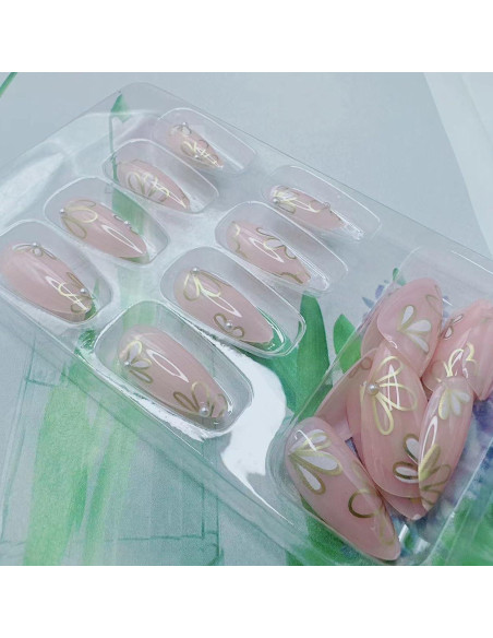 Uñas Postizas de Almendra BSBTBZ 24Pcs con Diseño Floral Uñas Postizas de Almendra BSBTBZ 24Pcs con Diseño Floral