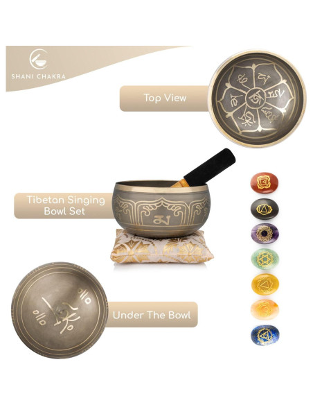 Juego de Cuencos Cantores Tibetanos Shani Chakra - 1 Cuenco, 7 Cristales Juego de Cuencos Cantores Tibetanos Shani Chakra - 1 Cuenco, 7 Cristales