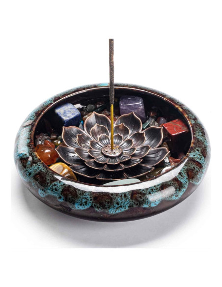 Soporte de Incienso de Loto de Cerámica con Piedras de Chakra Soporte de Incienso de Loto de Cerámica con Piedras de Chakra