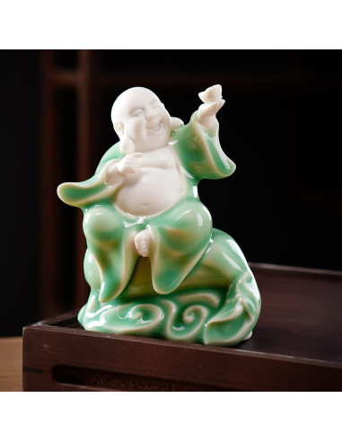 Estatua de Buda Risueño de Cerámica Verde 11.3 cm para Buena Suerte