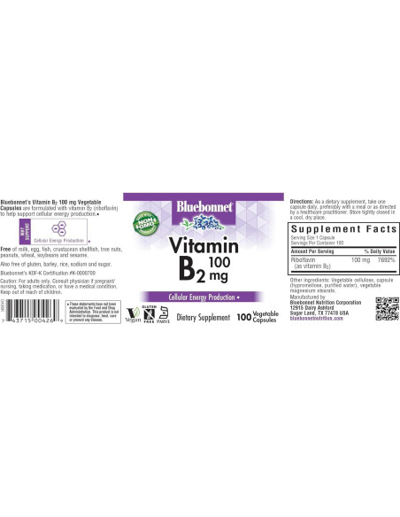 Vitamina B2 100 mg Bluebonnet Nutrition 100 Cápsulas Veganas Vitamina B2 100 mg Bluebonnet Nutrition 100 Cápsulas Veganas