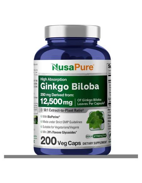 Extracto de Ginkgo Biloba NusaPure 250 mg 200 Cápsulas Veganas Extracto de Ginkgo Biloba NusaPure 250 mg 200 Cápsulas Veganas