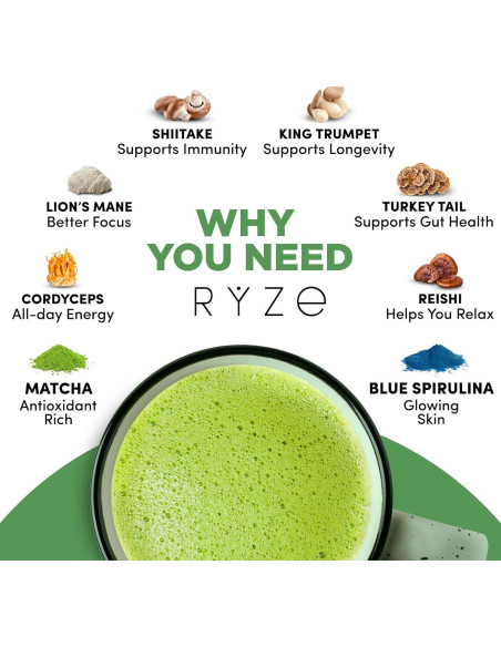 RYZE SUPERFOODS Matcha Orgánico con 6 Hongos Adaptogénicos 30 Porciones RYZE SUPERFOODS Matcha Orgánico con 6 Hongos Adaptogénicos 30 Porciones