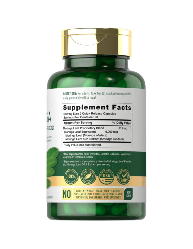 Cápsulas de Moringa Oleifera Carlyle | 180 Unidades | Suplemento Natural Sin OGM