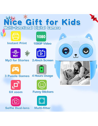 Cámara Instantánea CILSER para Niños 32GB 1080P Azul