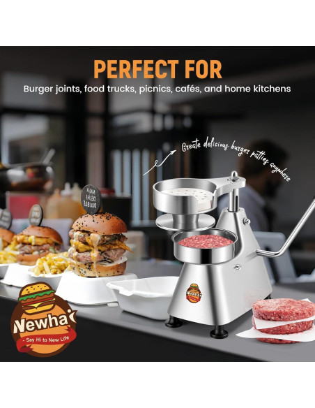 Prensa de Hamburguesas Newhai 3 en 1 Acero Inoxidable 4-6" Prensa de Hamburguesas Newhai 3 en 1 Acero Inoxidable 4-6"