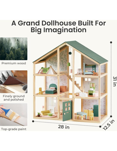 Casa de Muñecas de Madera Tiny Land 6 Habitaciones Verde