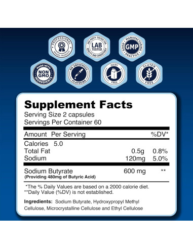 Suplemento Butirato de Sodio LongJuvity 300mg - 120 Cápsulas