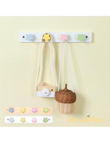 Perchero de Madera para Niños WONDERBEE 4 Ganchos Estrella Blanco