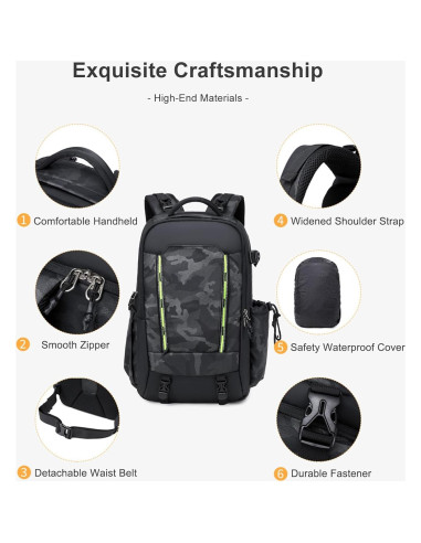 Mochila para Cámara SAKIZITO Waterproof 15.6" DSLR Negro-Verde