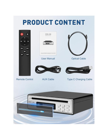 Reproductor de CD HiFi Tovlroy CDA-A6 con Bluetooth y USB