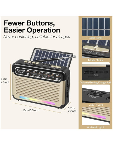 Radio Solar Portátil G Keni AM FM SW Bluetooth con Linterna