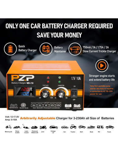 Cargador de Batería Manual PZP 12V 0-10A Ajustable