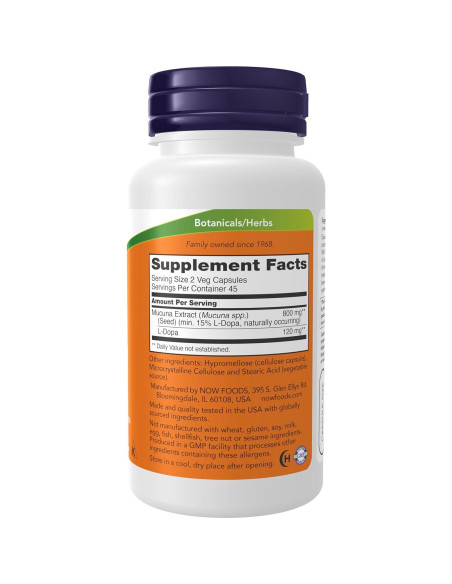 Suplemento DOPA Mucuna NOW, 90 Cápsulas Veganas, 15% L-Dopa Suplemento DOPA Mucuna NOW, 90 Cápsulas Veganas, 15% L-Dopa