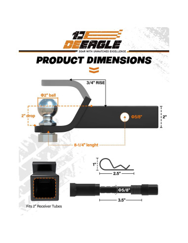 Enganche de bola DEEAGLE 2" con bloqueo, 3402.9 kg