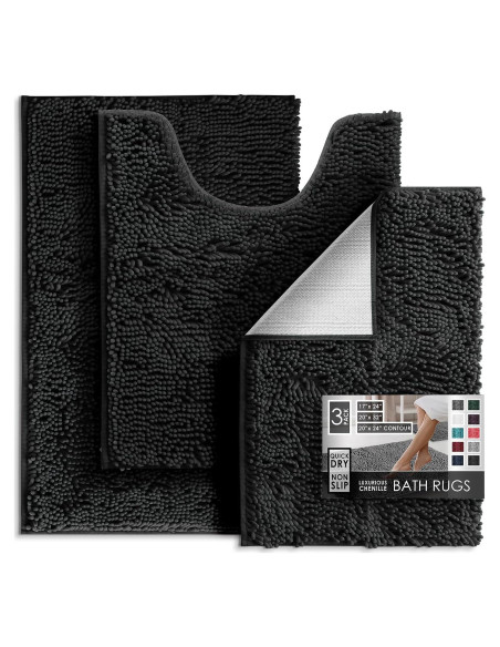 Alfombrillas de Baño Chenille Hearth & Harbor - Negro, 3 Piezas Alfombrillas de Baño Chenille Hearth & Harbor - Negro, 3 Piezas