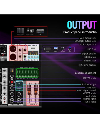 Mezclador de Audio BAXS MX04 de 4 Canales con Bluetooth y Efectos