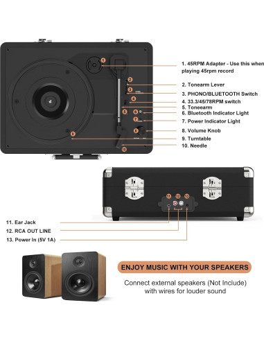 Reproductor de Vinilo Retro Bluetooth 3 Velocidades 3,41 kg