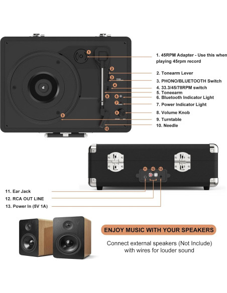 Reproductor de Vinilo Retro Bluetooth 3 Velocidades 3,41 kg Reproductor de Vinilo Retro Bluetooth 3 Velocidades 3,41 kg