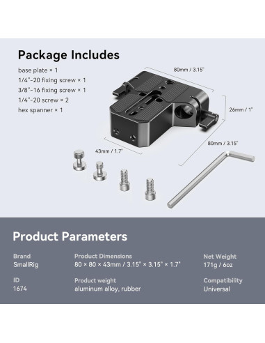 Placa Base SmallRig 1674 para Cámaras y Jaulas 15mm
