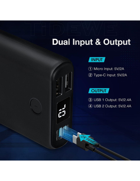 Batería Externa TIDEWE 10000mAh Cargador USB-C Doble Salida Batería Externa TIDEWE 10000mAh Cargador USB-C Doble Salida