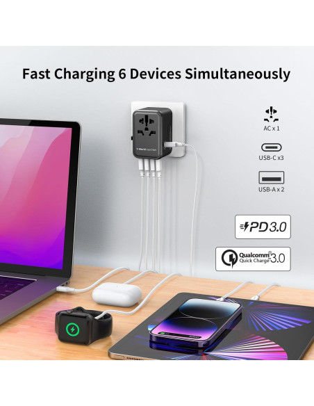 MOMAX Adaptador de Viaje Universal 70W 3 USB-C 2 USB-A MOMAX Adaptador de Viaje Universal 70W 3 USB-C 2 USB-A