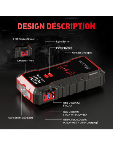 Arrancador de batería Macson M161A-016 3000A 12V 16000mAh