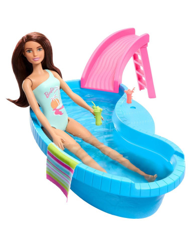Muñeca Barbie Set Piscina Verde Agua con Tobogán y Accesorios