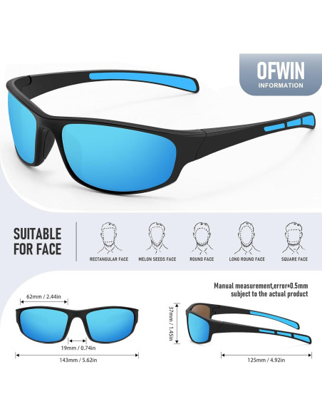 Gafas de sol deportivas Ofwin UV400 polarizadas 62mm Gafas de sol deportivas Ofwin UV400 polarizadas 62mm