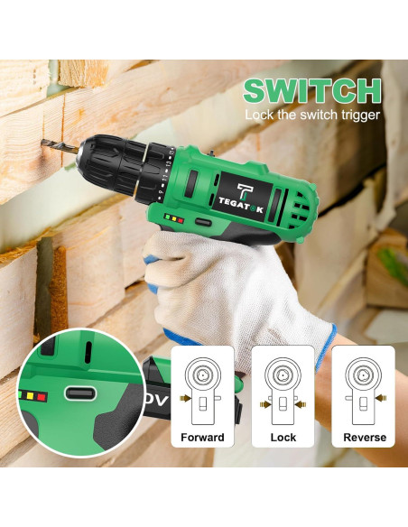 Taladro Inalámbrico Tegatok 20V con 2 Baterías y Luz LED Taladro Inalámbrico Tegatok 20V con 2 Baterías y Luz LED