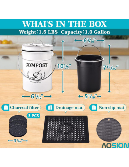Cubo de Compostaje AOSION 3.79L Blanco Sin Olores Cubo de Compostaje AOSION 3.79L Blanco Sin Olores