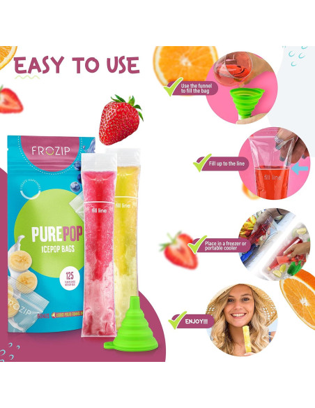 125 Bolsas Desechables de Paletas FROZIP 236 ml con Embudo 125 Bolsas Desechables de Paletas FROZIP 236 ml con Embudo