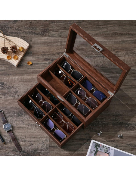 Organizador de Gafas BEWISHOME 12 Compartimentos Cuero Marrón Organizador de Gafas BEWISHOME 12 Compartimentos Cuero Marrón