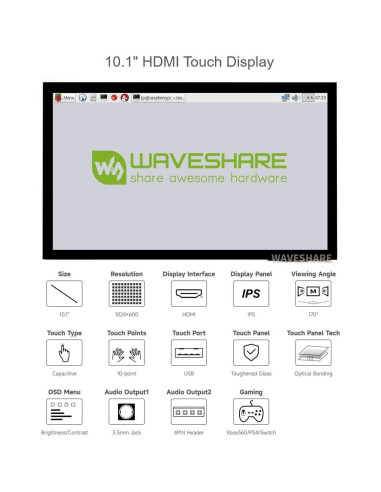 Pantalla Táctil Capacitiva LCD 10.1" Waveshare 1024x600 HDMI