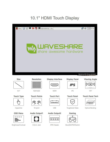 Pantalla Táctil Capacitiva LCD 10.1" Waveshare 1024x600 HDMI Pantalla Táctil Capacitiva LCD 10.1" Waveshare 1024x600 HDMI
