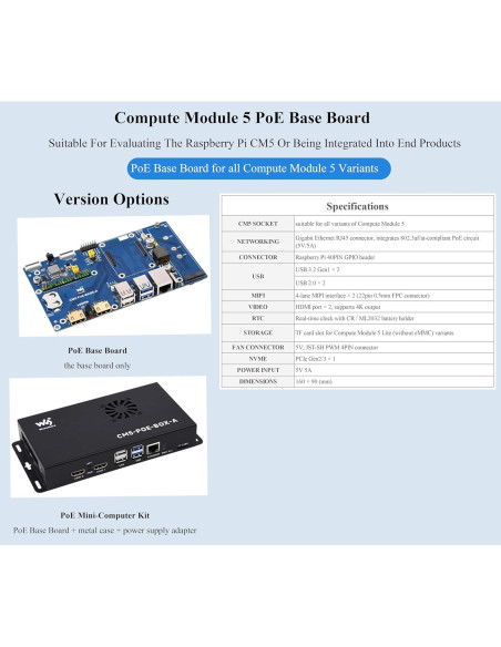 Kit Compute Module 5 Wonrabai con Placa IO y PoE, Ventilador Kit Compute Module 5 Wonrabai con Placa IO y PoE, Ventilador