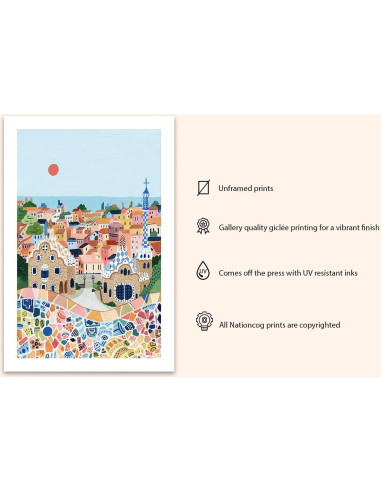 Póster de Arte de Viaje Barcelona Park Güell 28x23 cm Sin Marco