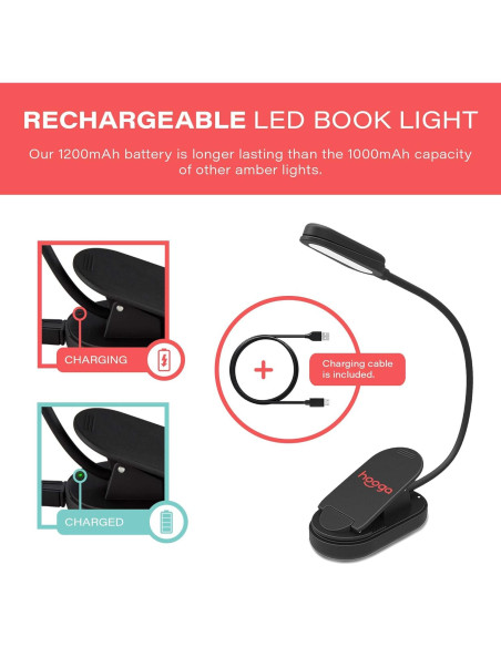 Luz de Libro LED Recargable Hooga Ámbar 1600K Clip Luz de Libro LED Recargable Hooga Ámbar 1600K Clip
