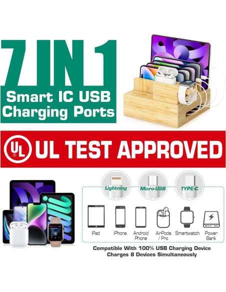 Estación de Carga de Madera de Bambú Darfoo 7 Puertos USB Estación de Carga de Madera de Bambú Darfoo 7 Puertos USB