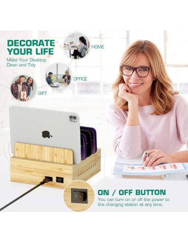 Estación de Carga de Madera de Bambú Darfoo 7 Puertos USB