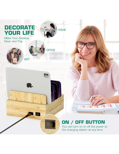 Estación de Carga de Madera de Bambú Darfoo 7 Puertos USB Estación de Carga de Madera de Bambú Darfoo 7 Puertos USB