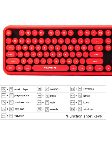 Combo Inalámbrico Teclado y Ratón FOPETT 104 Teclas Retro Negro Rojo