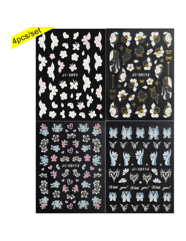 Calcomanías de Uñas 5D Fcozpjk 4 Hojas Flores Coloridas