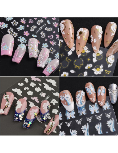 Calcomanías de Uñas 5D Fcozpjk 4 Hojas Flores Coloridas