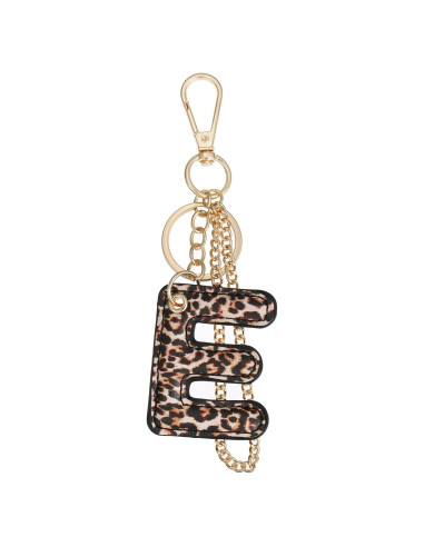 Llave de letra de leopardo PU para mujeres - Llavero inicial E