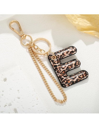 Llave de letra de leopardo PU para mujeres - Llavero inicial E